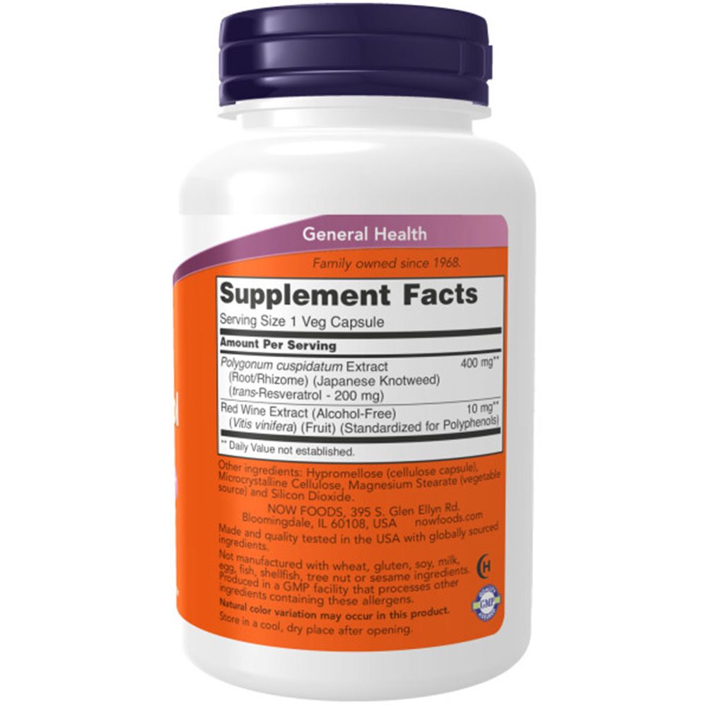 Witte fles met paarse dop. Opschrift: Now Foods, Natural Resveratrol, 200mg. Achterkant met voedingswaarde-informatie en ingrediënten.
