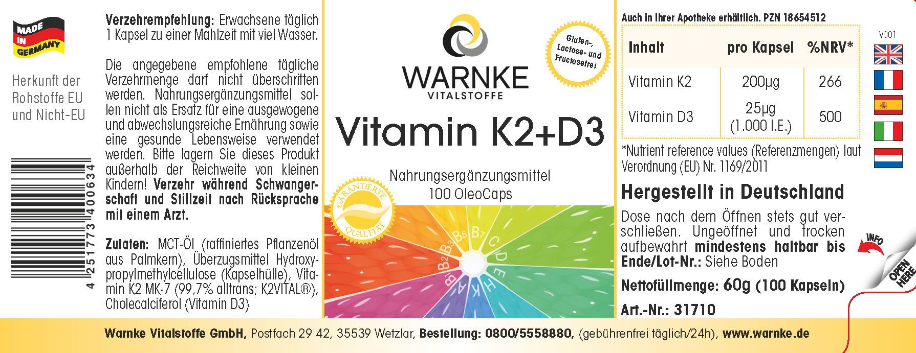 Étiquette avec informations sur le produit. Inscription: Warnke Vitalstoffe Vitamine K2+D3. 100 OleoCaps. Fabriqué en Allemagne.