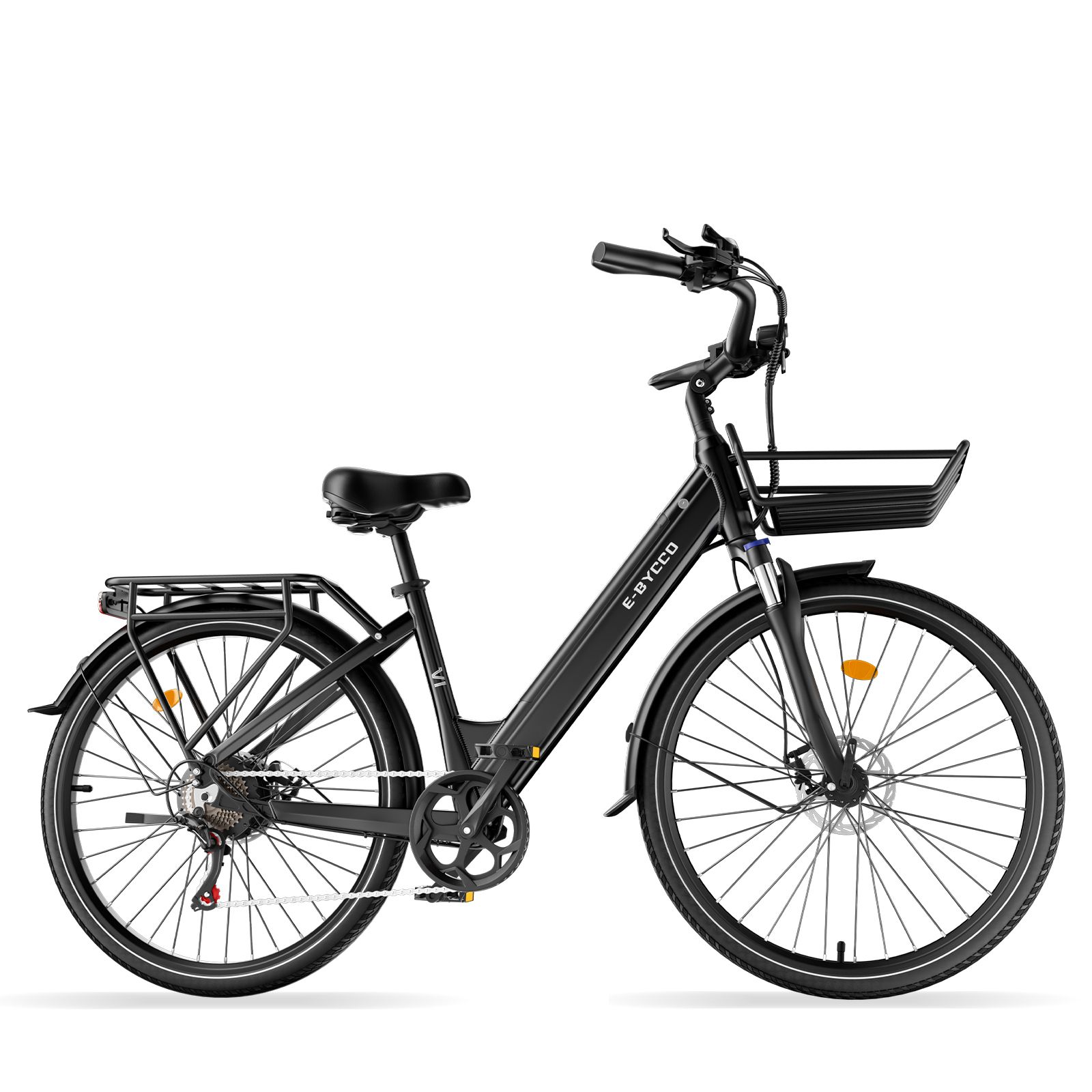 Zwarte e-bike met mand en bagagedrager. Merk E-BYCCO.