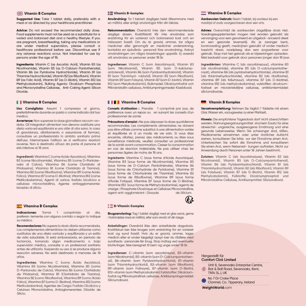 Informations multilingues sur Vitamine B Complexe. Contient les ingrédients, les instructions d'utilisation et les avertissements.