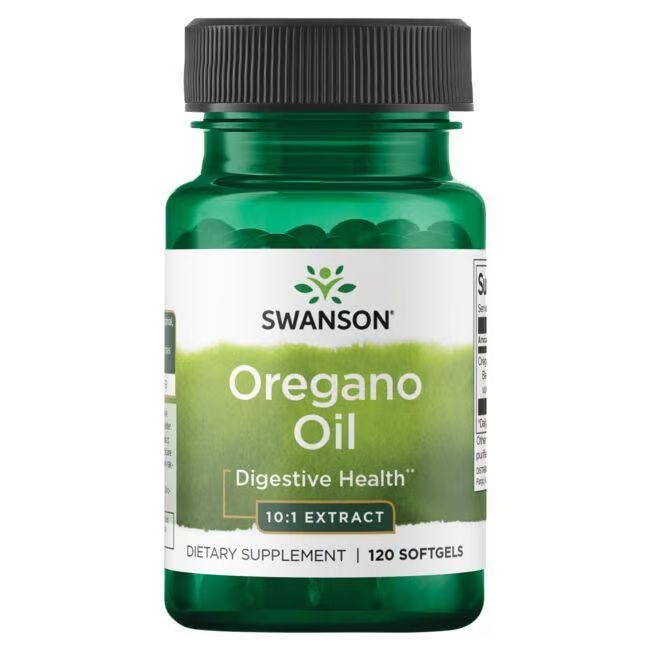 Flacon vert avec bouchon noir. Étiquette "SWANSON Oregano Oil", "120 Softgels" et "Digestive Health".