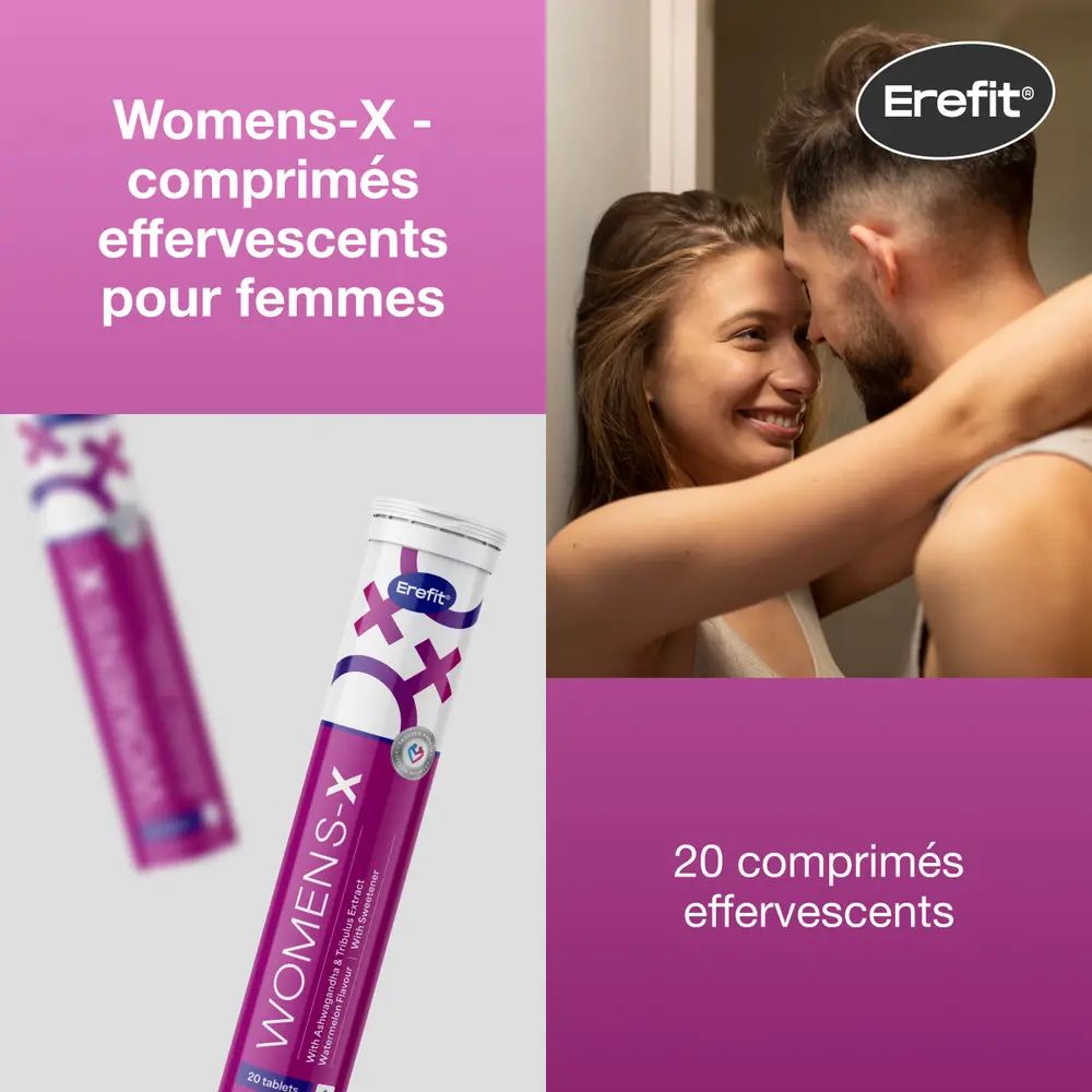 Emballage du produit "Erefit Womens-X". Violet, blanc et bleu. 20 comprimés. Couple en arrière-plan.
