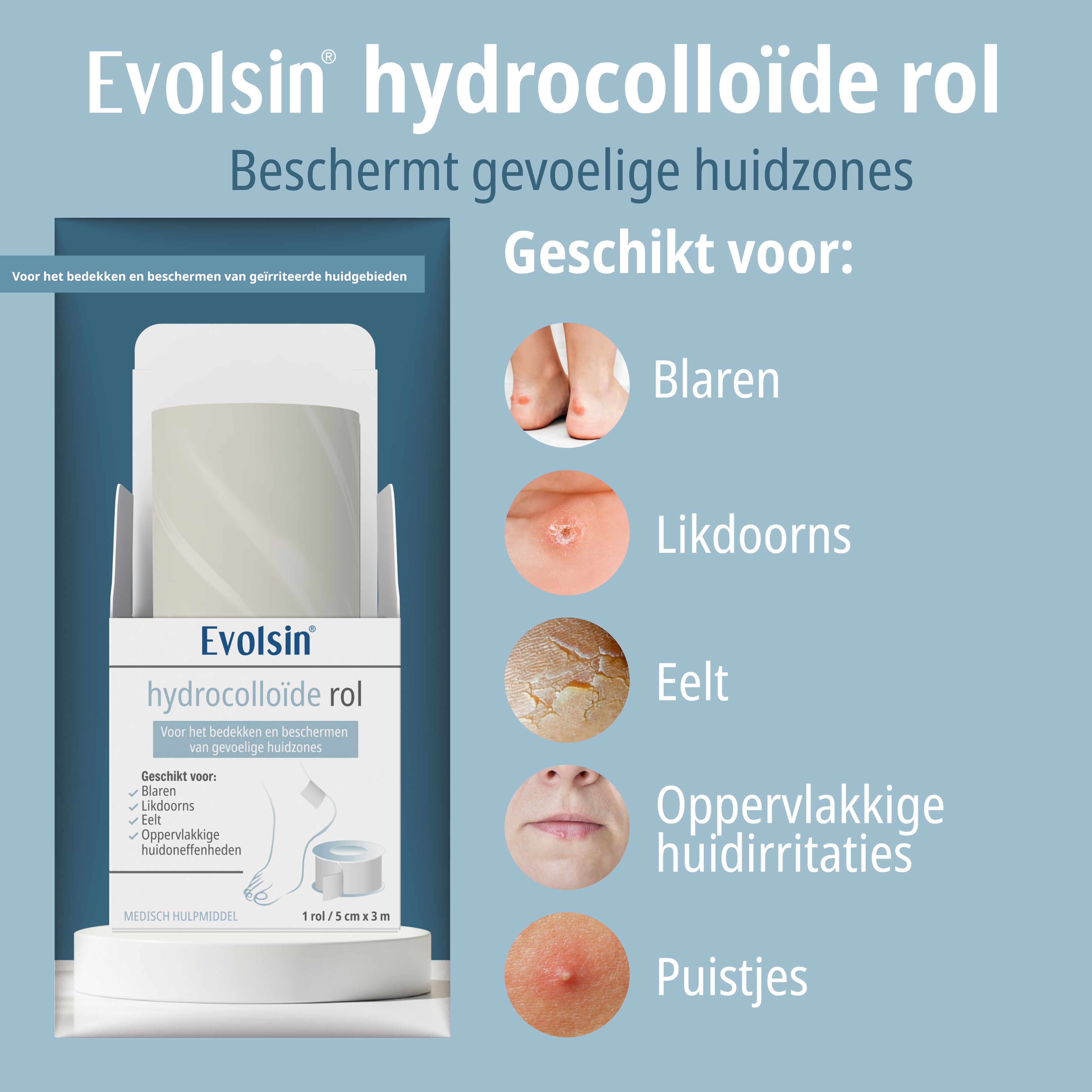 Evolsin Hydrocolloïde rol: Beschermt gevoelige huid, geschikt voor blaren en likdoorns.
