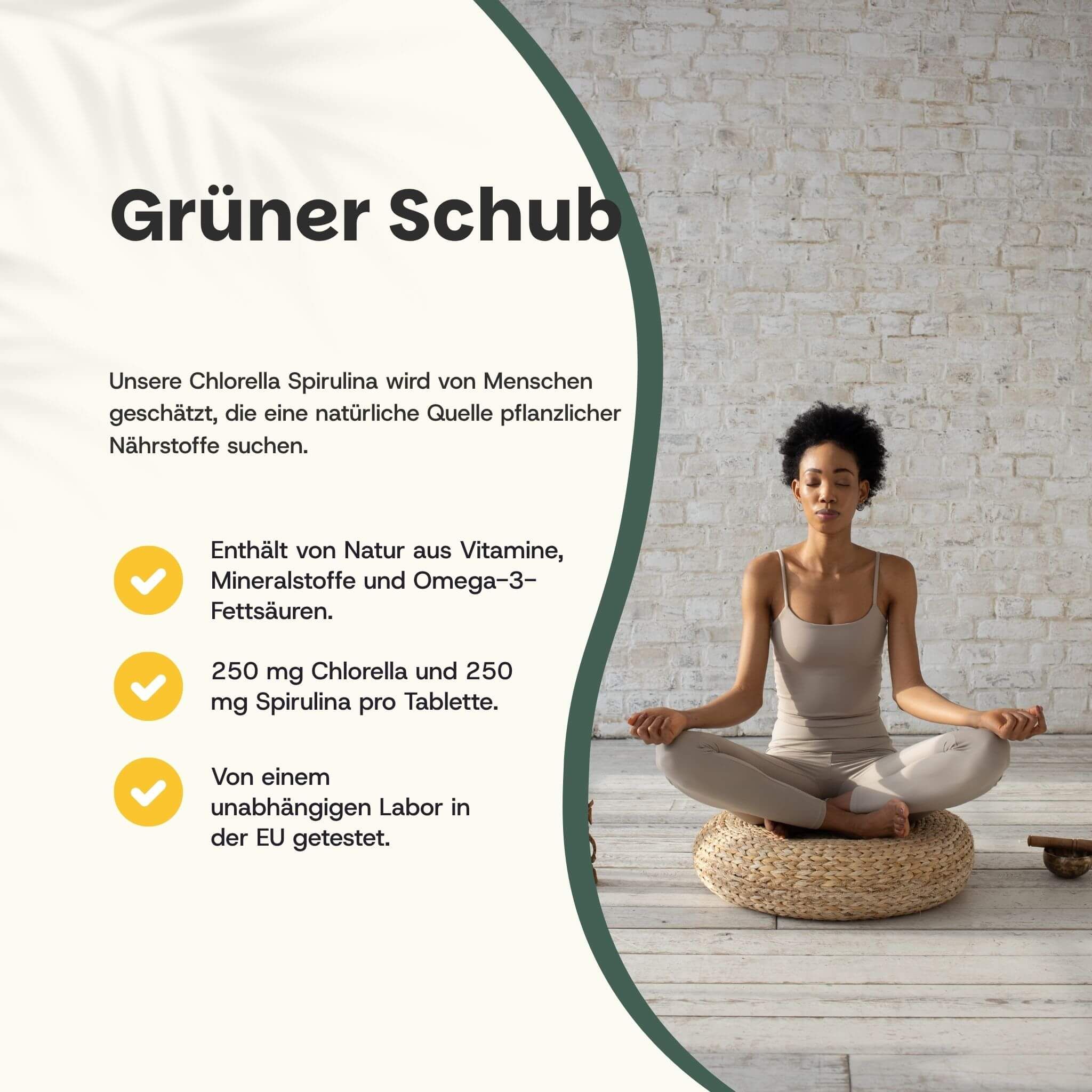 Comprimés Chlorella Spiruline: 250 mg Chlorella, 250 mg Spiruline par comprimé. Contient vitamines, minéraux, oméga-3. Testé en laboratoire UE.