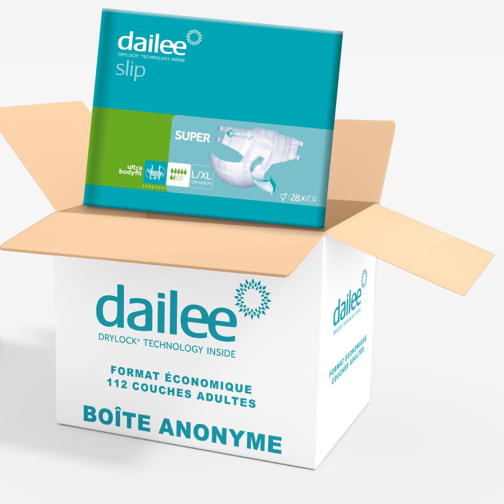 Dailee Slip Super pour adultes en carton. 112 unités. Taille L/XL.