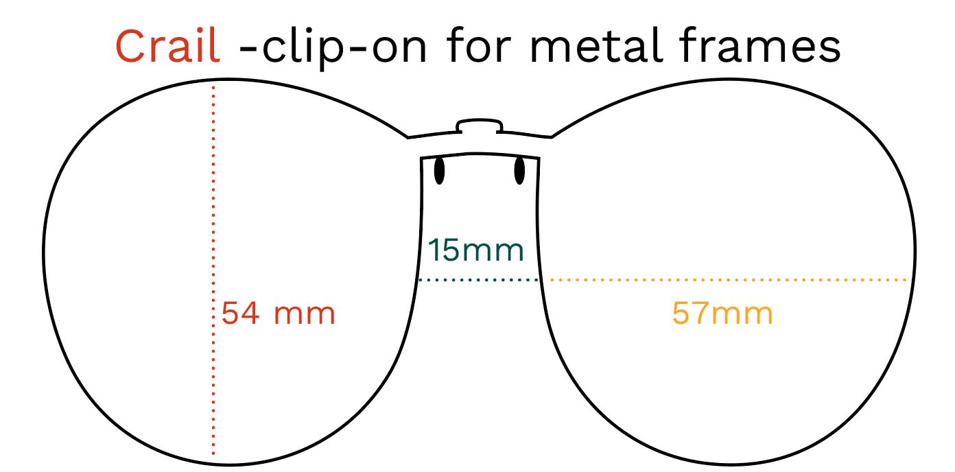 Esquisse des Crail clip-on pour montures métalliques. Dimensions : 54mm, 57mm, 15mm. Nom et type de produit.