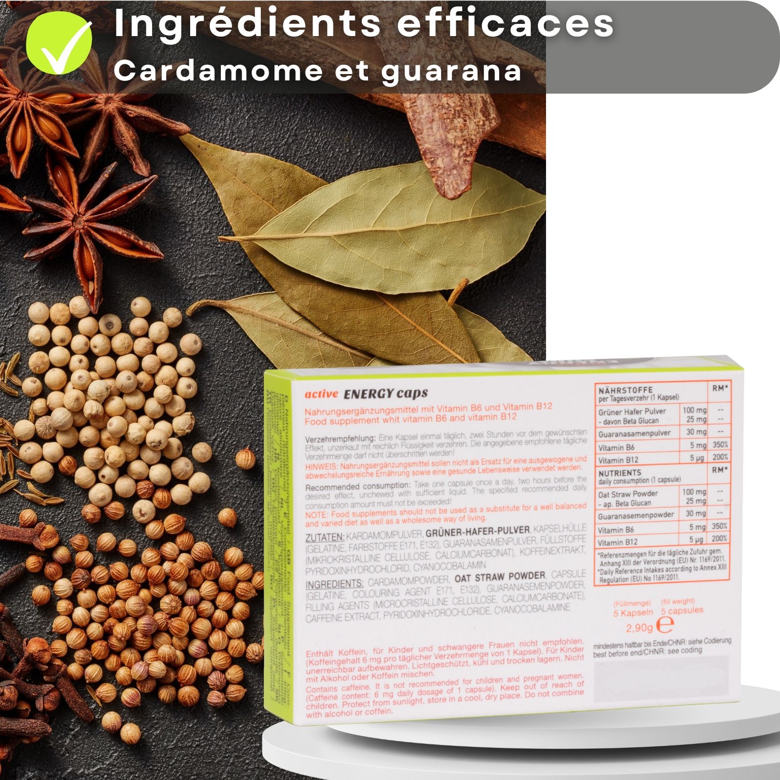 Dos du paquet "Ero active ENERGY caps" avec informations nutritionnelles.