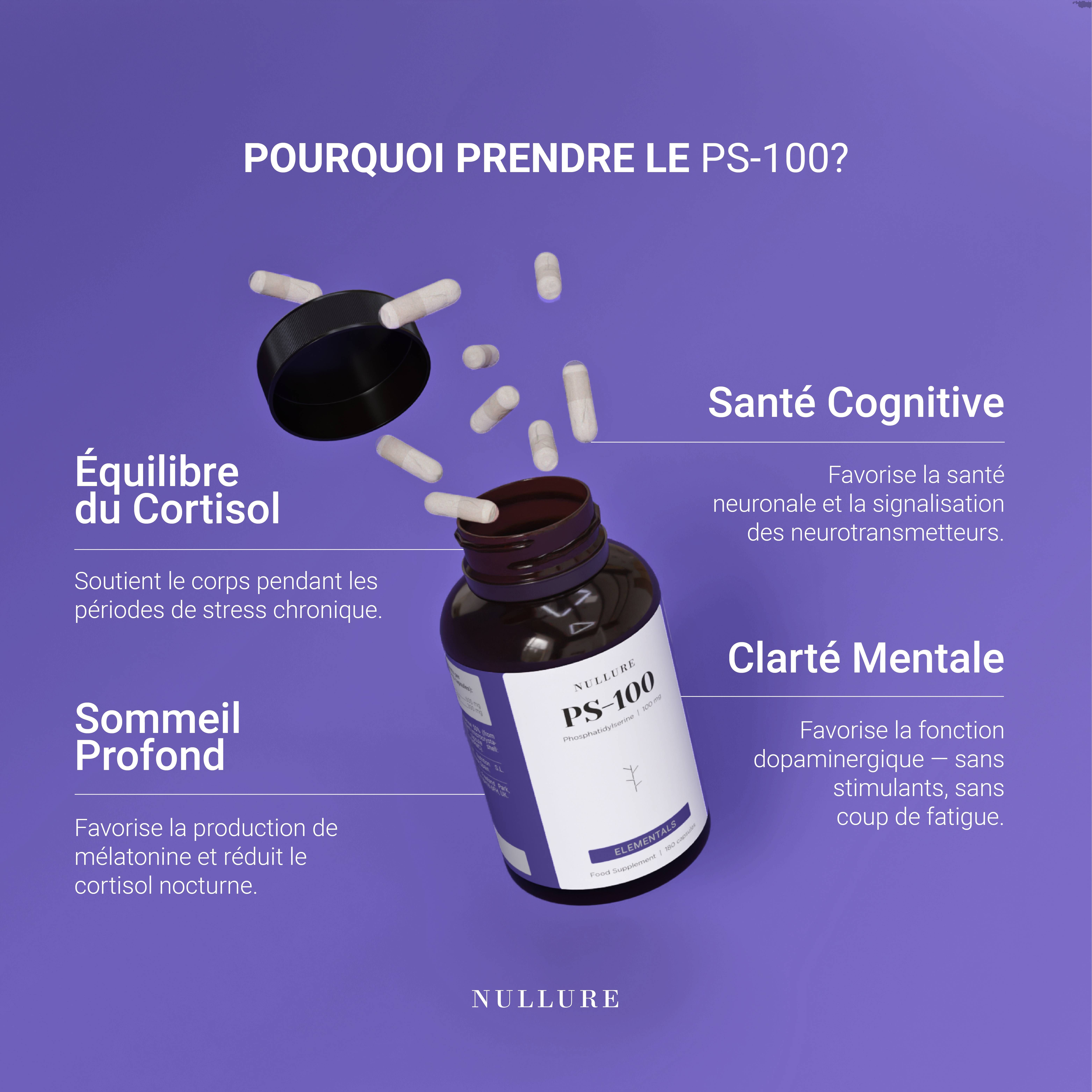 Bouteille de PS-100 avec des capsules, expliquant les avantages pour le cortisol, le sommeil et la clarté mentale. Marque : NULLURE.