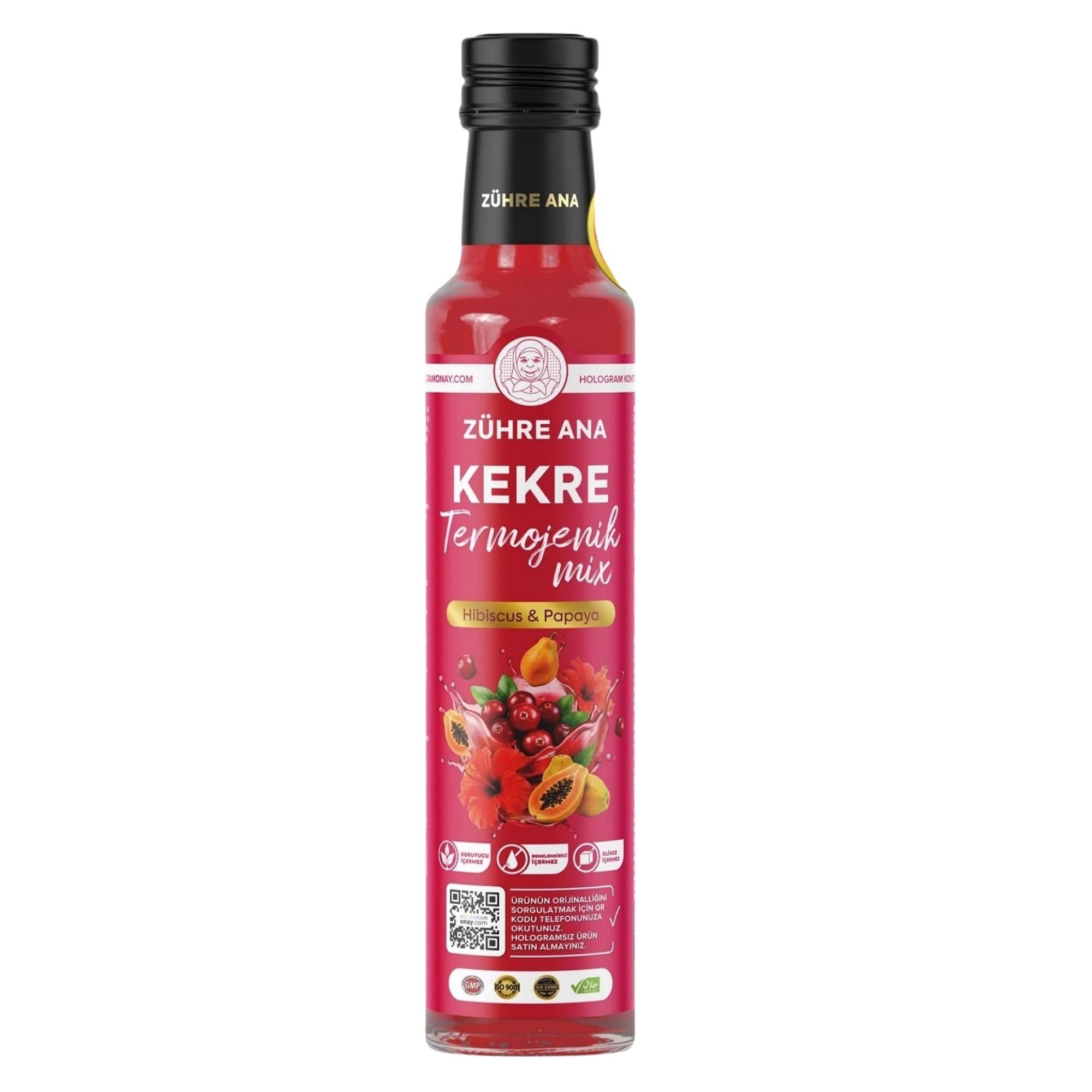 Fles Zühre Ana Kekre Thermogenic Mix met hibiscus en papaya. Rode concentratie met fruit en bloemen.