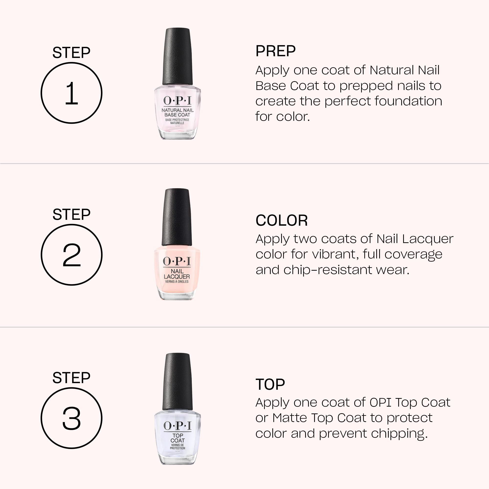 Drie stappen voor nagels met OPI-producten. Base Coat, nagellak, Top Coat.