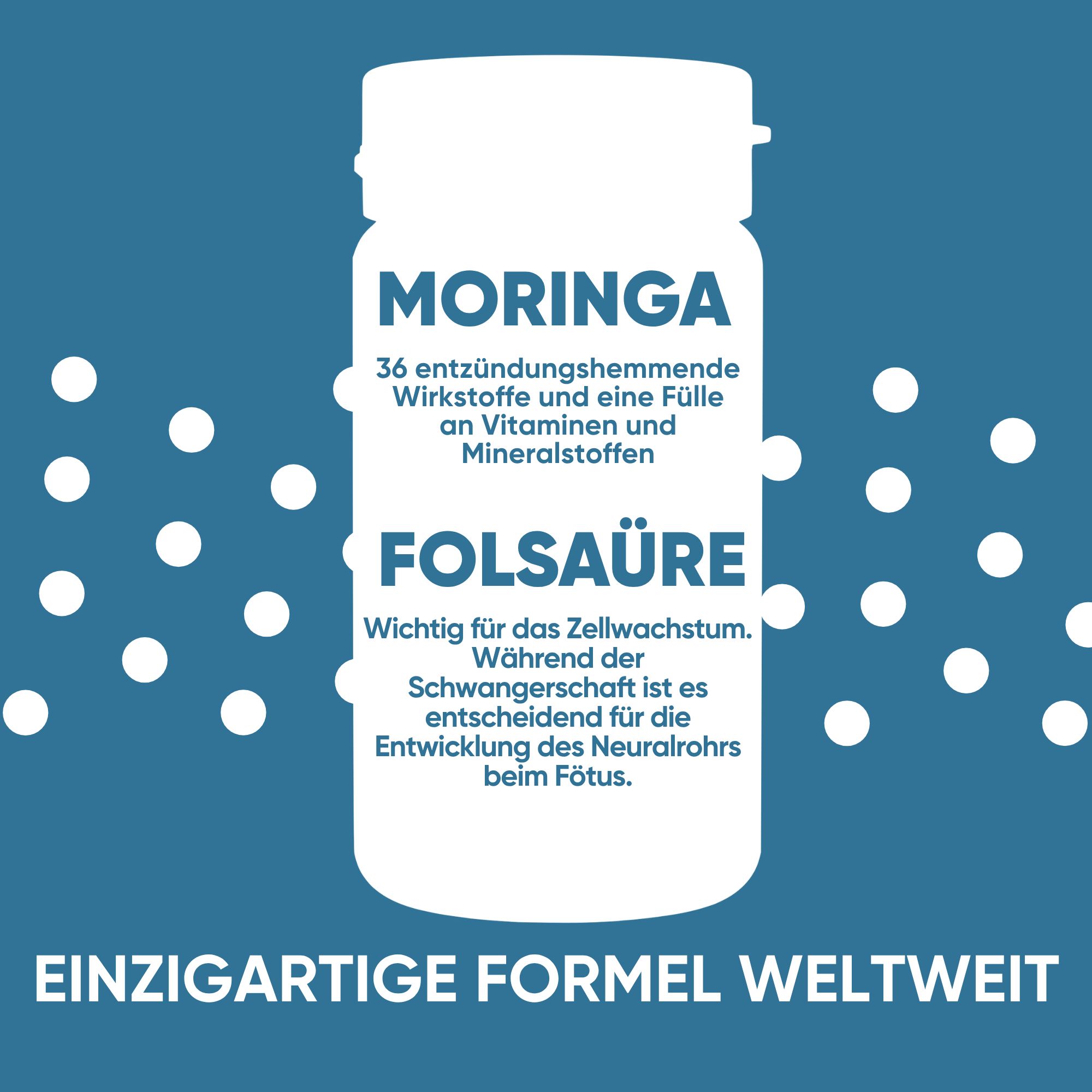 Bouteille de folate et de moringa, texte : Formule unique au monde.