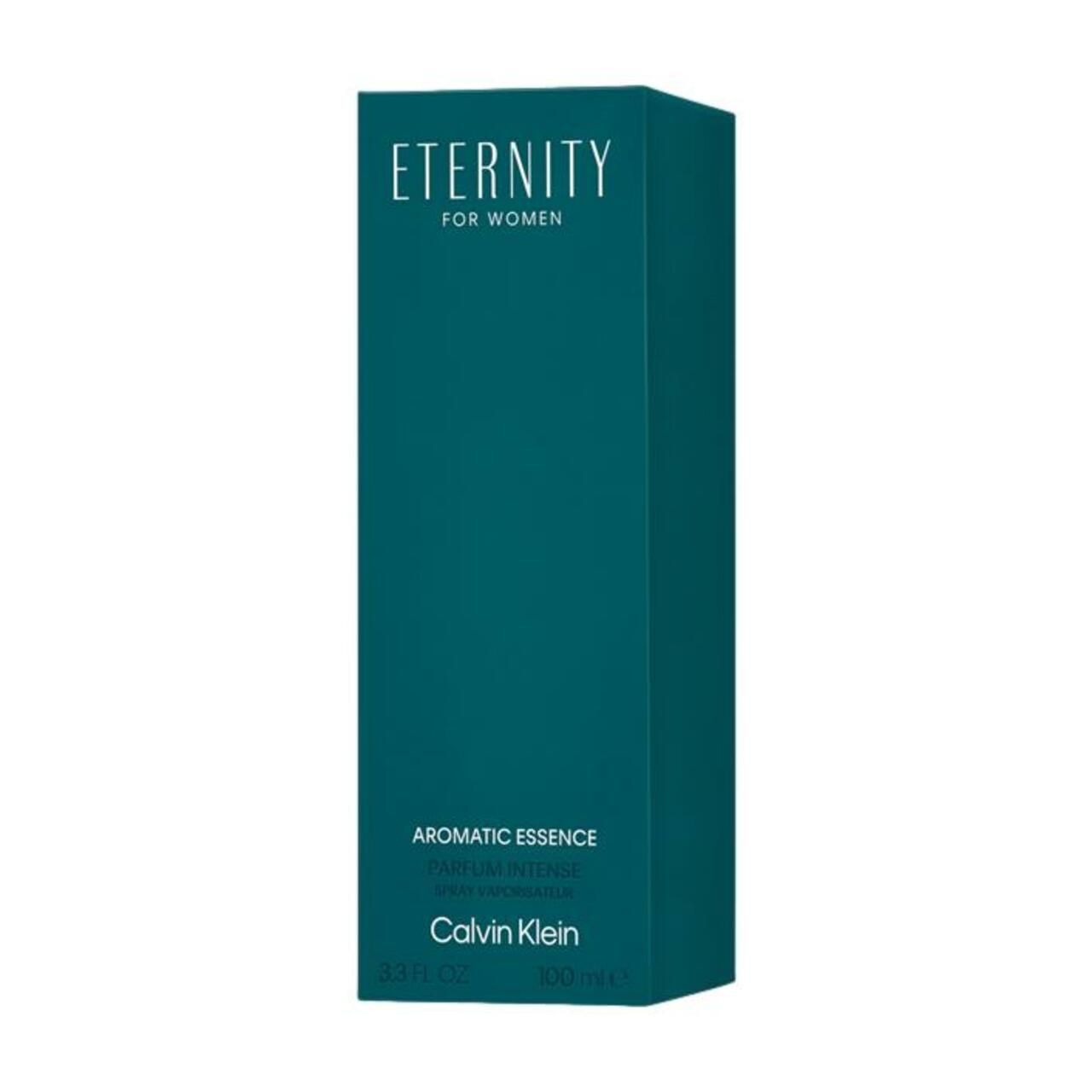 Boîte bleu-vert. Inscription Eternity, Calvin Klein. Essence aromatique. 100 ml. Forme rectangulaire.