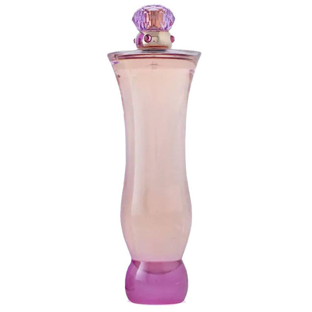Parfumfles. Fles met roze vloeistof, paarse basis en dop. De dop is versierd met een edelsteen.