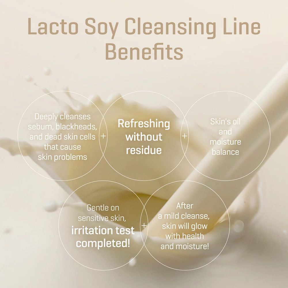 Infographie avec texte sur les avantages de la gamme Lacto Soy Cleansing. Le lait éclabousse.