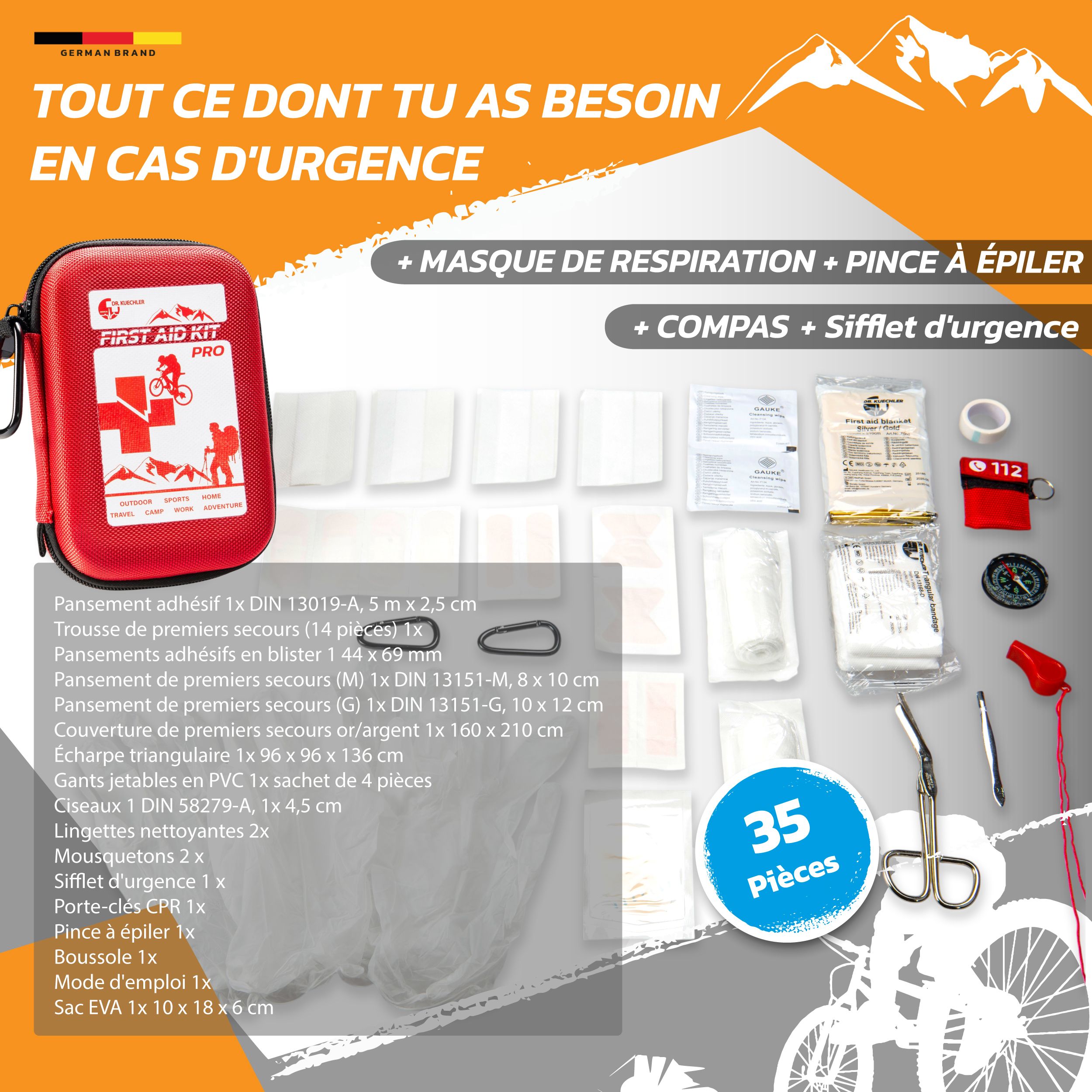 Deux mousquetons noirs, trousse de premiers secours rouge PRO, boussole et sifflet. Fond : paysage de montagne.