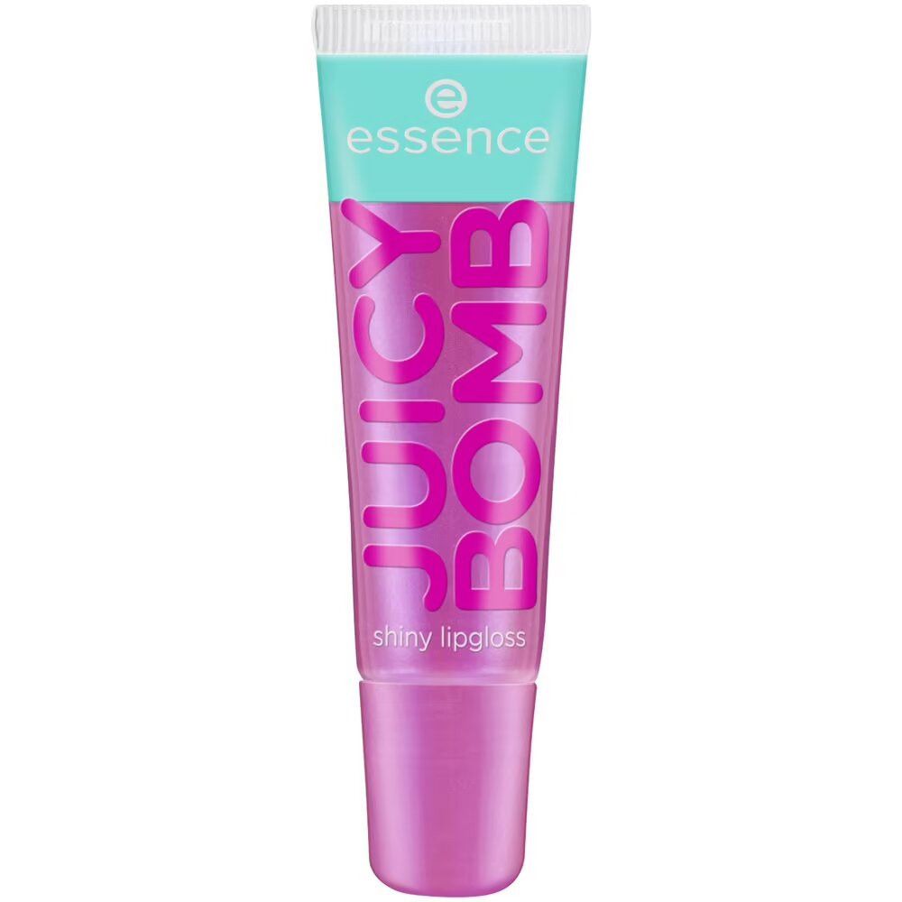 Gloss à lèvres brillant Juicy Bomb d'Essence. Tube avec design turquoise et rose. Nom du produit et marque clairement visibles.