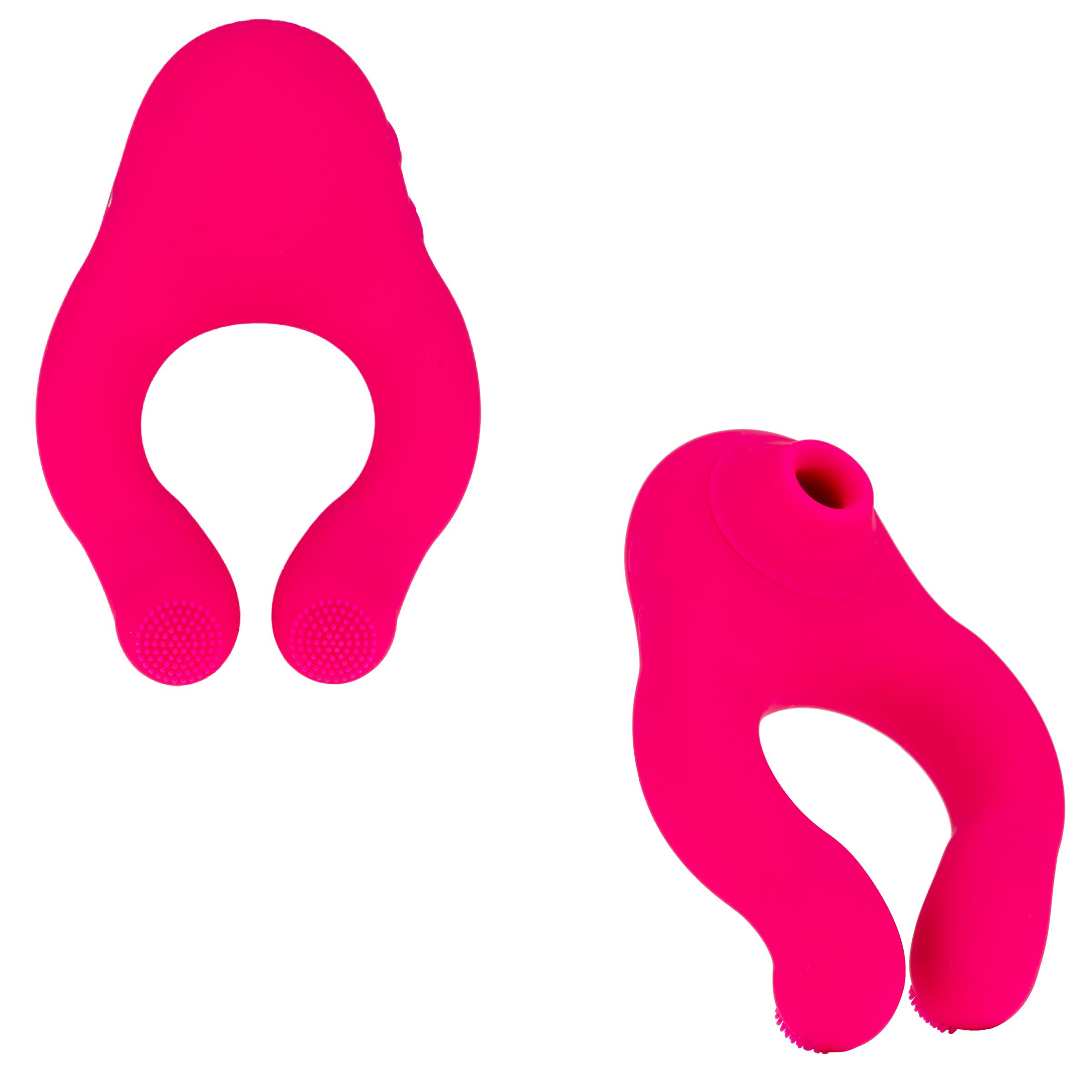 Twee roze producten met cirkelvormige openingen en gebogen uiteinden. Eén met noppen.