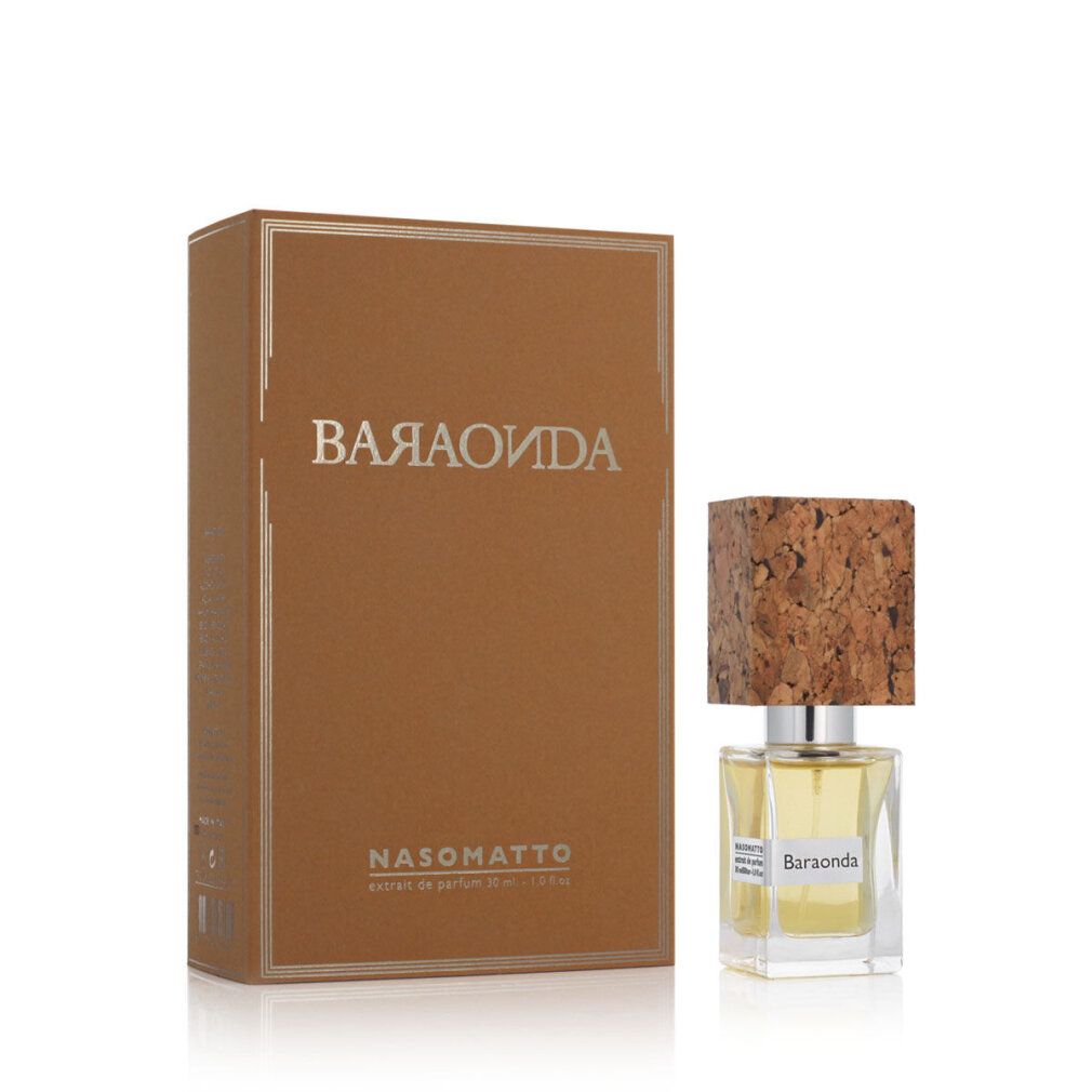 Flacon de parfum avec bouchon en liège et boîte. Inscription : Nasomatto Baraonda Extrait De Parfum. Flacon en verre carré avec étiquette blanche.
