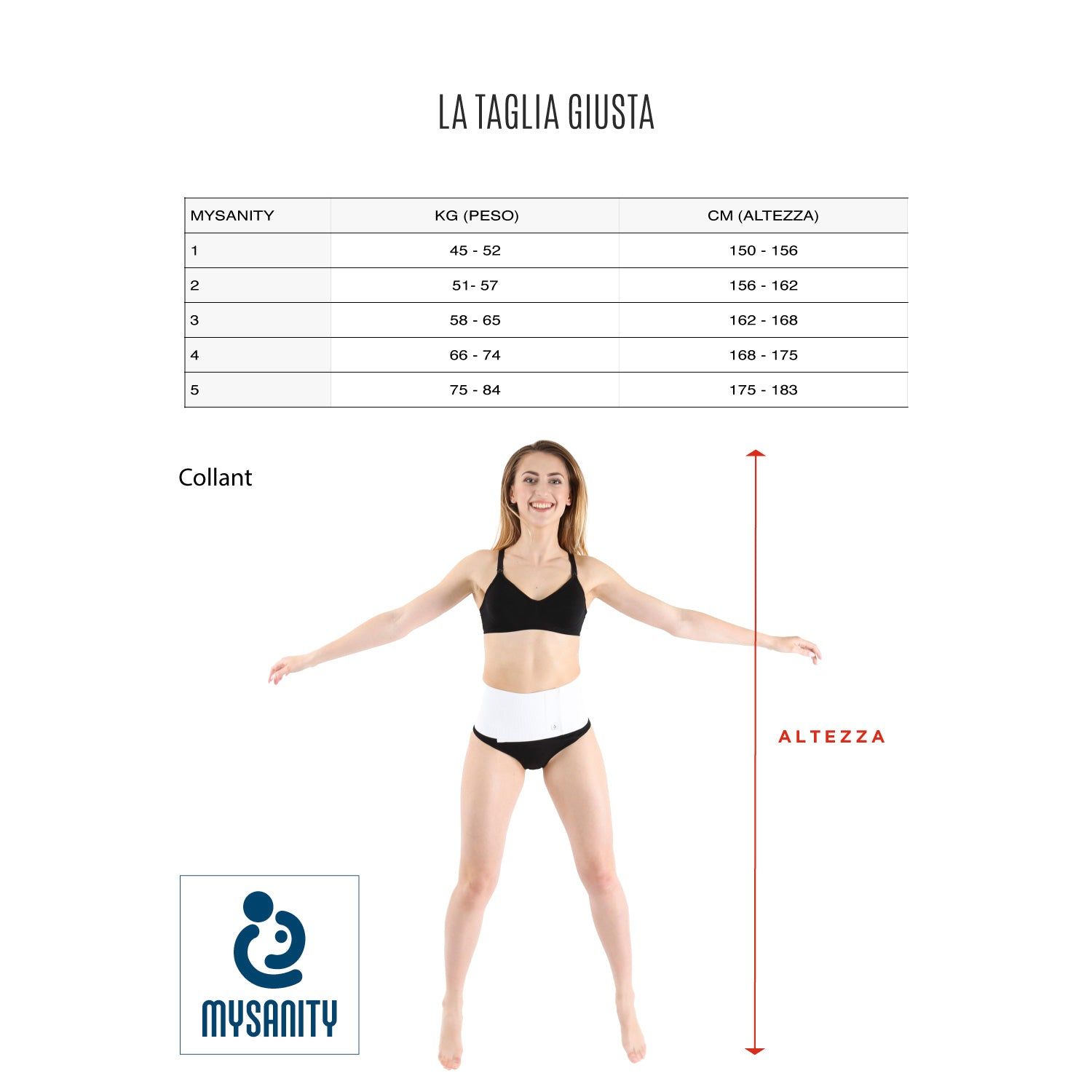 Tableau des tailles pour collants. Une femme se tient avec les bras écartés à côté d'une ligne rouge indiquant la taille.