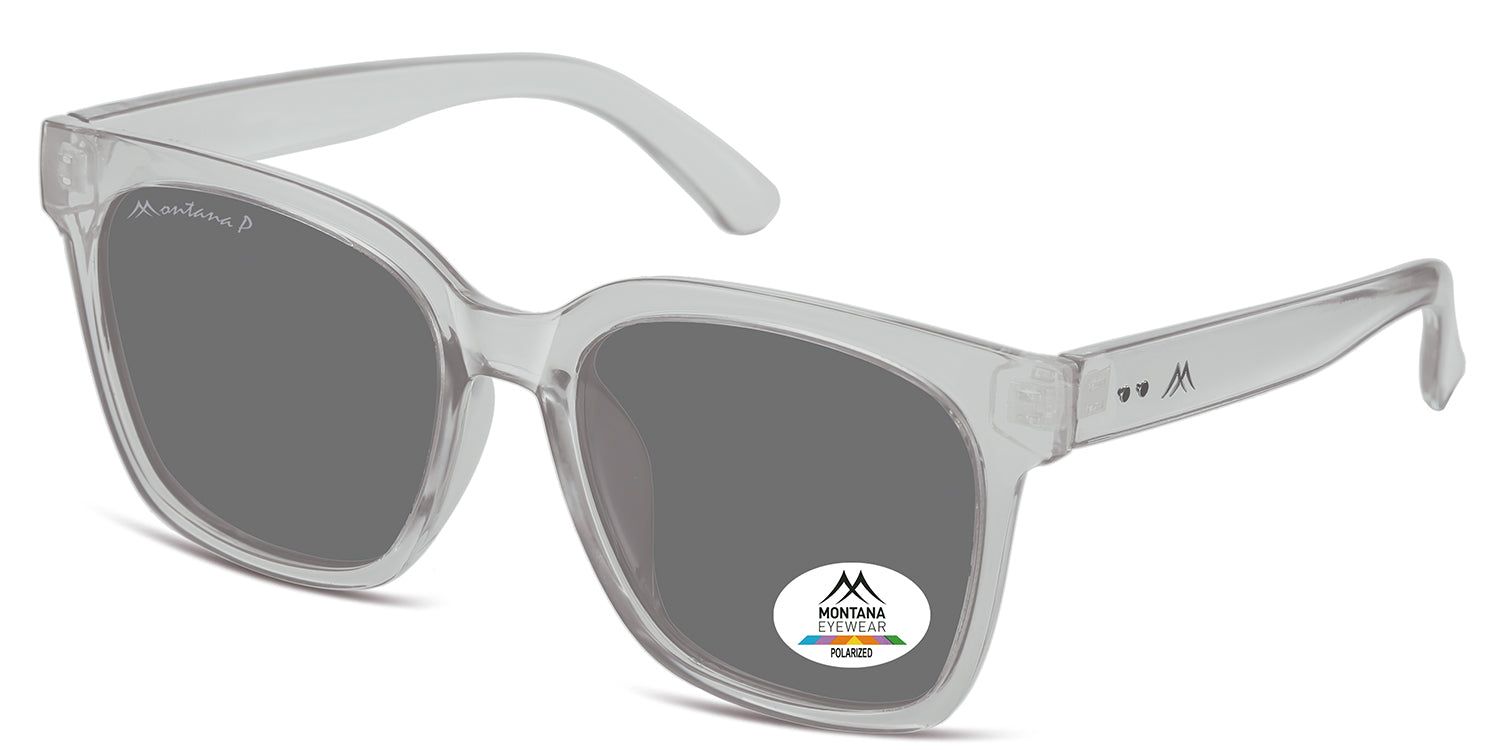 Zonnebril met grijze glazen en transparant montuur. Montana Eyewear logo op glas en poot. Gepolariseerd.