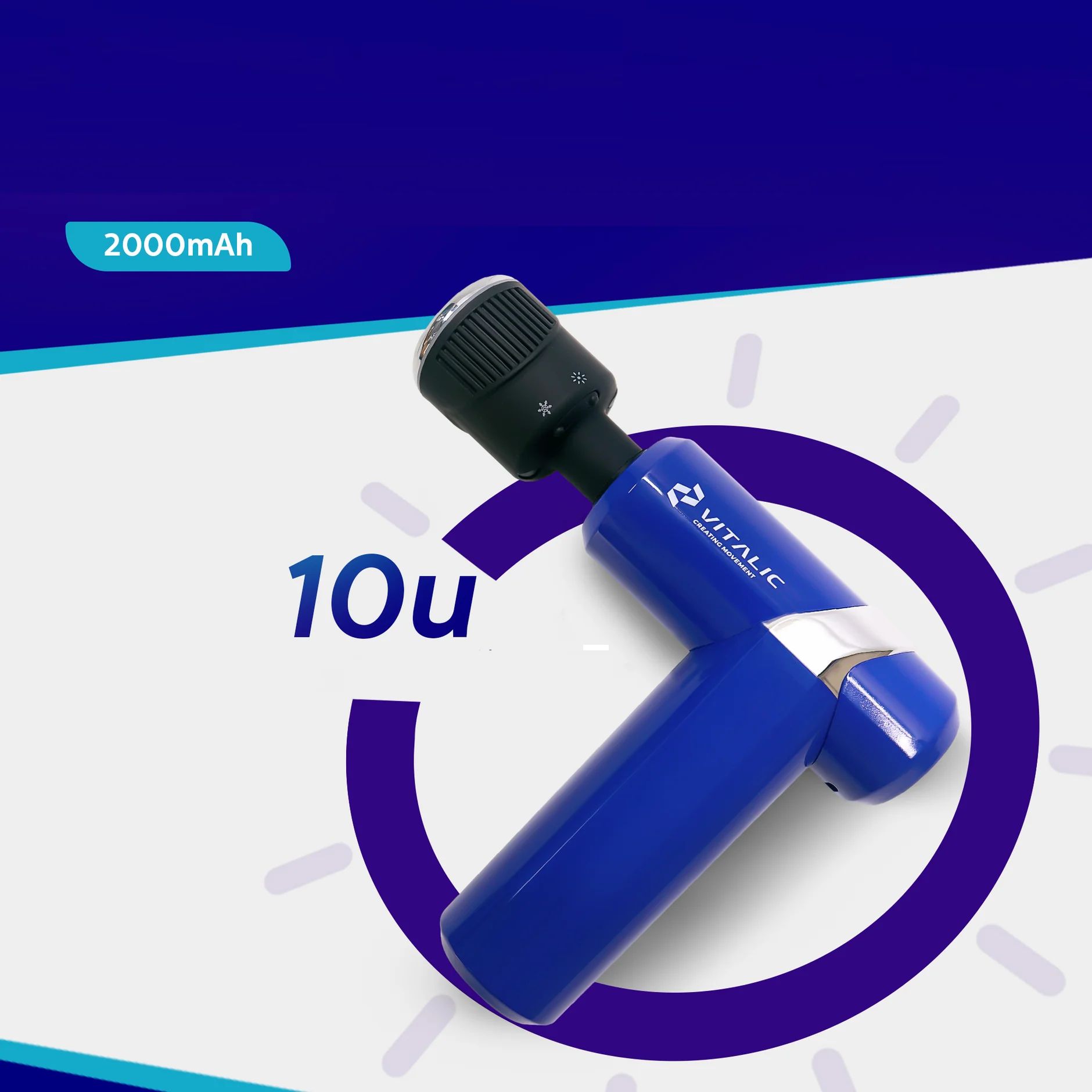 Pistolet de massage bleu, tête noire. Affichage 2000mAh et 10u. Logo VITALIC visible.