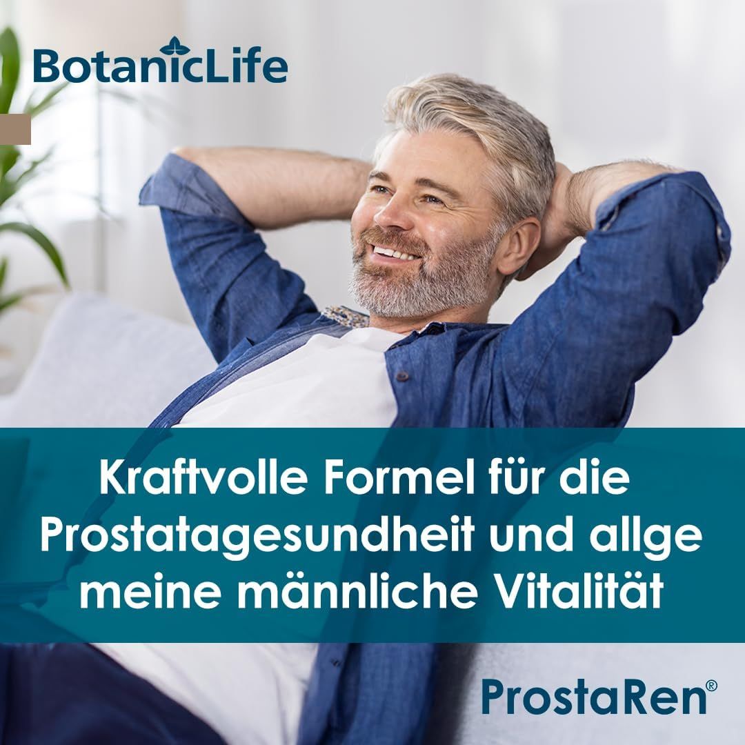 Homme détendu sur un canapé, avec les inscriptions "Kraftvolle Formel für die Prostatagesundheit und allgemeine männliche Vitalität" et "ProstaRen®".