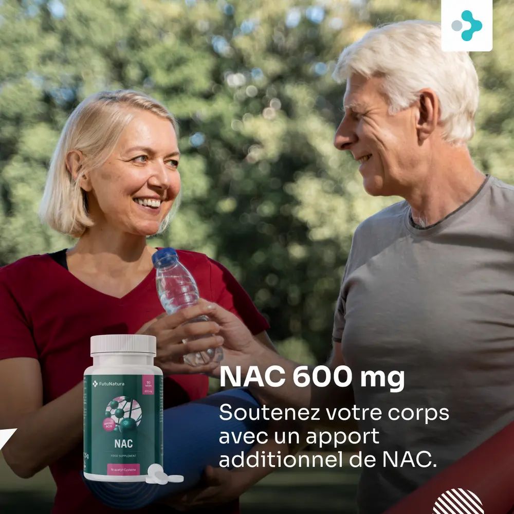 Homme et femme à l'extérieur. Flacon NAC 600 mg. Texte : Soutenez votre corps avec NAC.