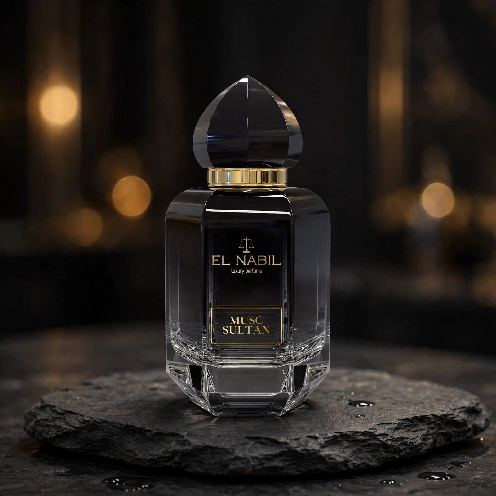 Flacon de parfum El Nabil Musc Gabrielle, blanc, avec anneau doré et bouchon en dôme.