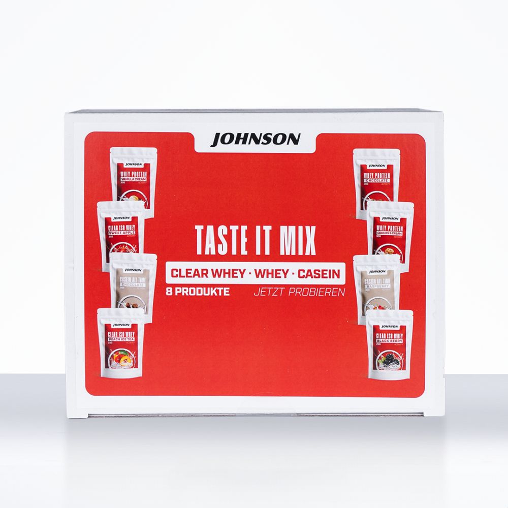Verpakking van Johnson Taste it Mix. Bevat 8 producten. Rode achtergrond met witte rand. Merk Johnson.
