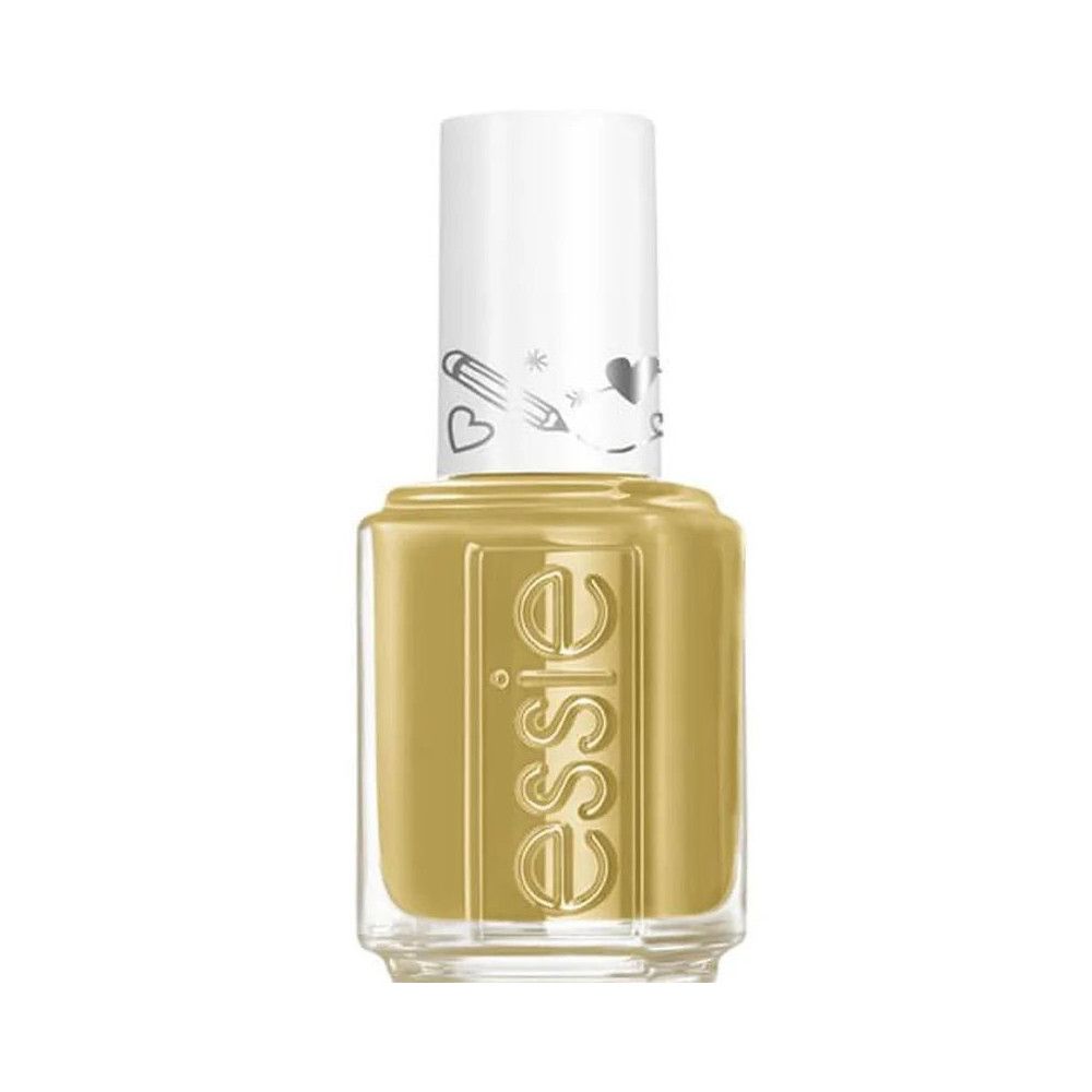 Essie nagellakflesje, geel. Witte dop met logo. Transparante fles.