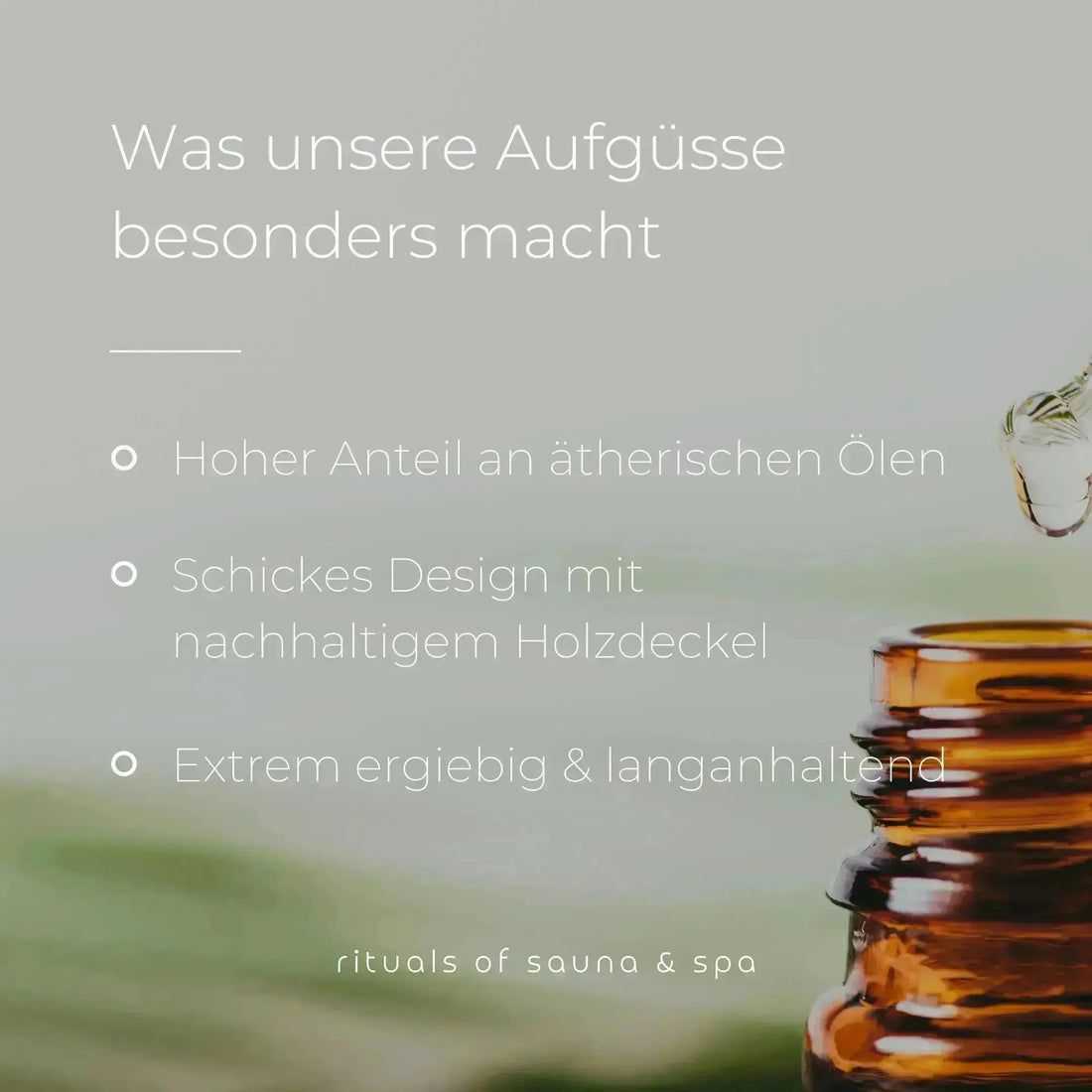 Bruine fles met druppels. Tekst: Hoher Anteil an ätherischen Ölen. Schickes Design mit nachhaltigem Holzdeckel.