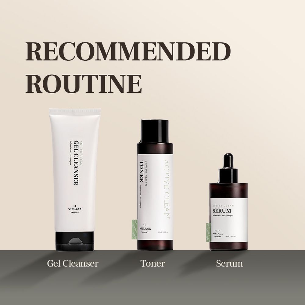 Drie producten: Gel Cleanser, Toner en Serum. Opschrift: VILLAGE 11 FACTORY.