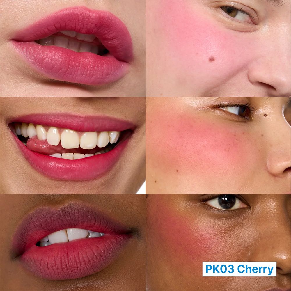 Collage: lippen en wangen met roze blos en lippenstift. Toont verschillende huidtinten.