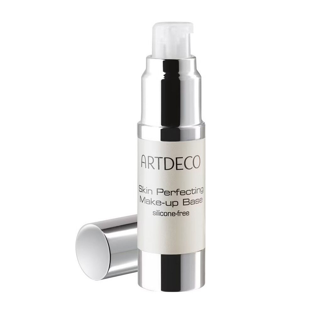 Flacon cylindrique avec bouchon et base argentés. Bouchon à côté. Inscription: ARTDECO Skin Perfecting Make-up Base silicone-free.