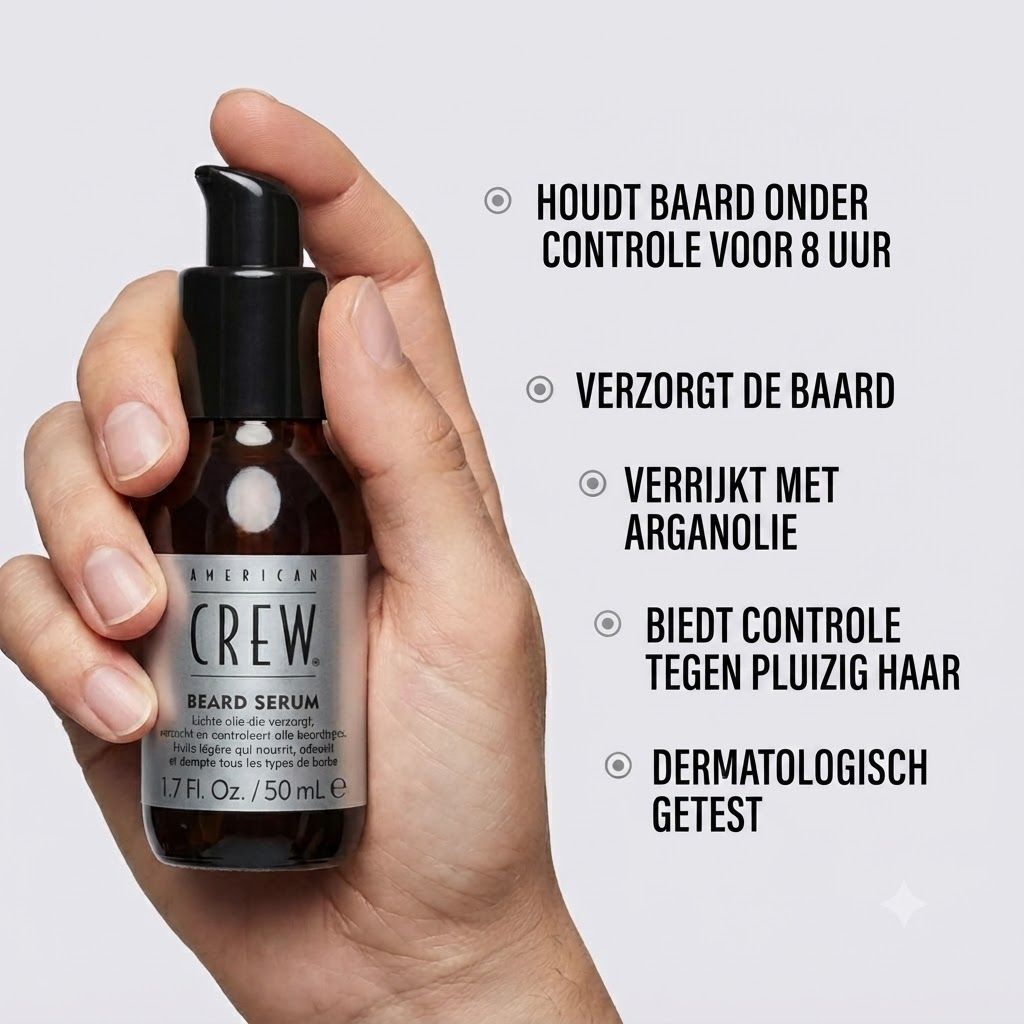 Hand houdt AMERICAN CREW Bartserum fles vast met productvoordelen.