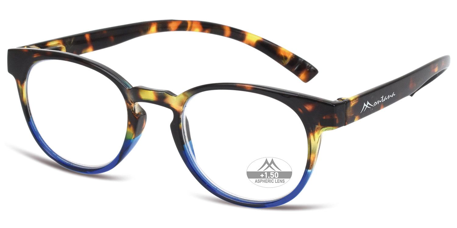 Lunettes, motif écaille, accents bleus. Logo Montana sur la branche. "+1.50" sur le verre.