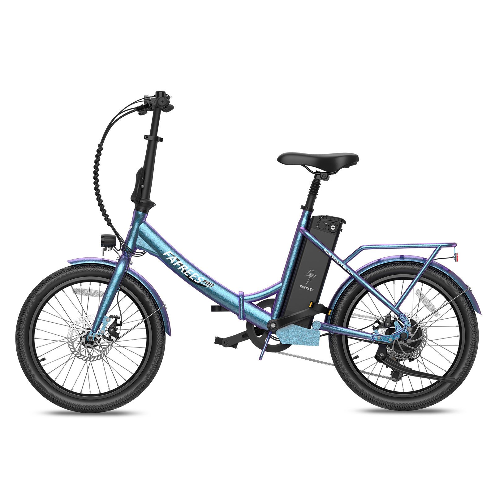Vélo électrique Fafrees F20 bleu. Cadre pliable, porte-bagages, freins à disque, batterie sur cadre. Pneus et selle noirs.