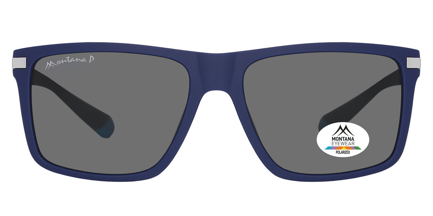 Blauwe zonnebril met grijze glazen. Het Montana Eyewear logo is zichtbaar op een glas. Rechthoekige vorm.