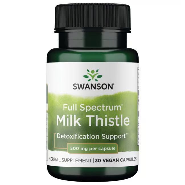 Flacon vert de gélules Swanson Milk Thistle. Bouchon noir. Nom du produit et logo sur l'étiquette.