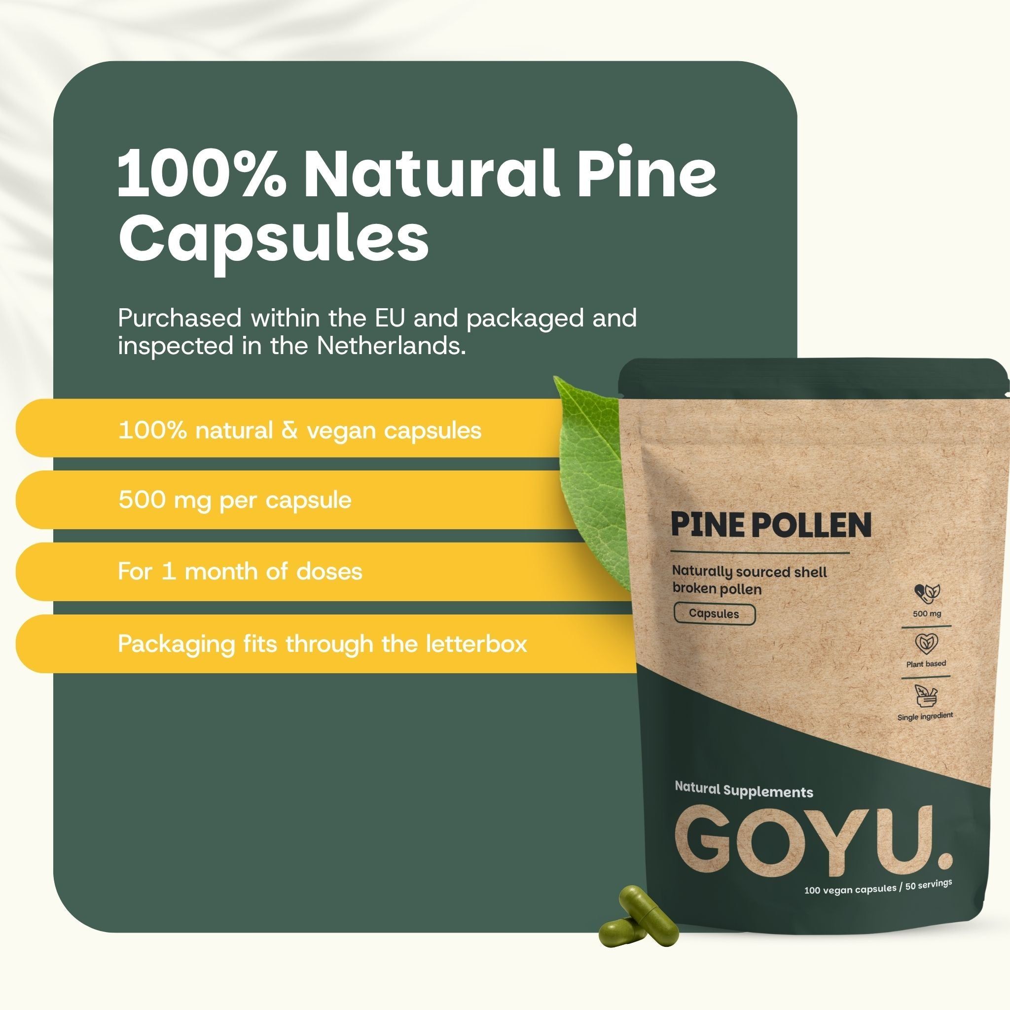 Pochette marron avec capsules de pollen de pin. À gauche : liste de capsules 100% naturelles et végétaliennes, 500mg, dose d'1 mois, emballage boîte aux lettres.