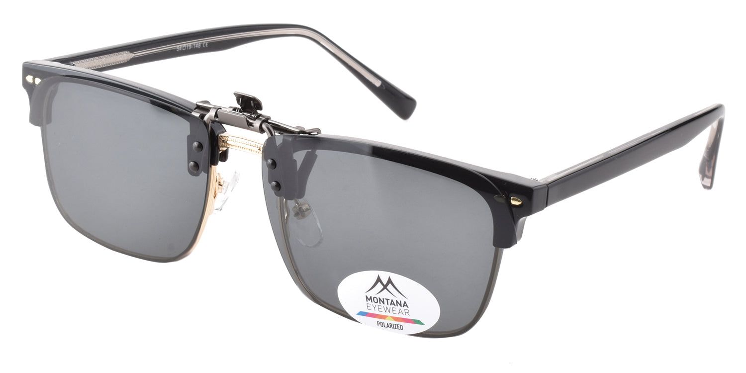 Lunettes de soleil avec verres clip-on, monture noire. Verres gris, logo Montana Eyewear.