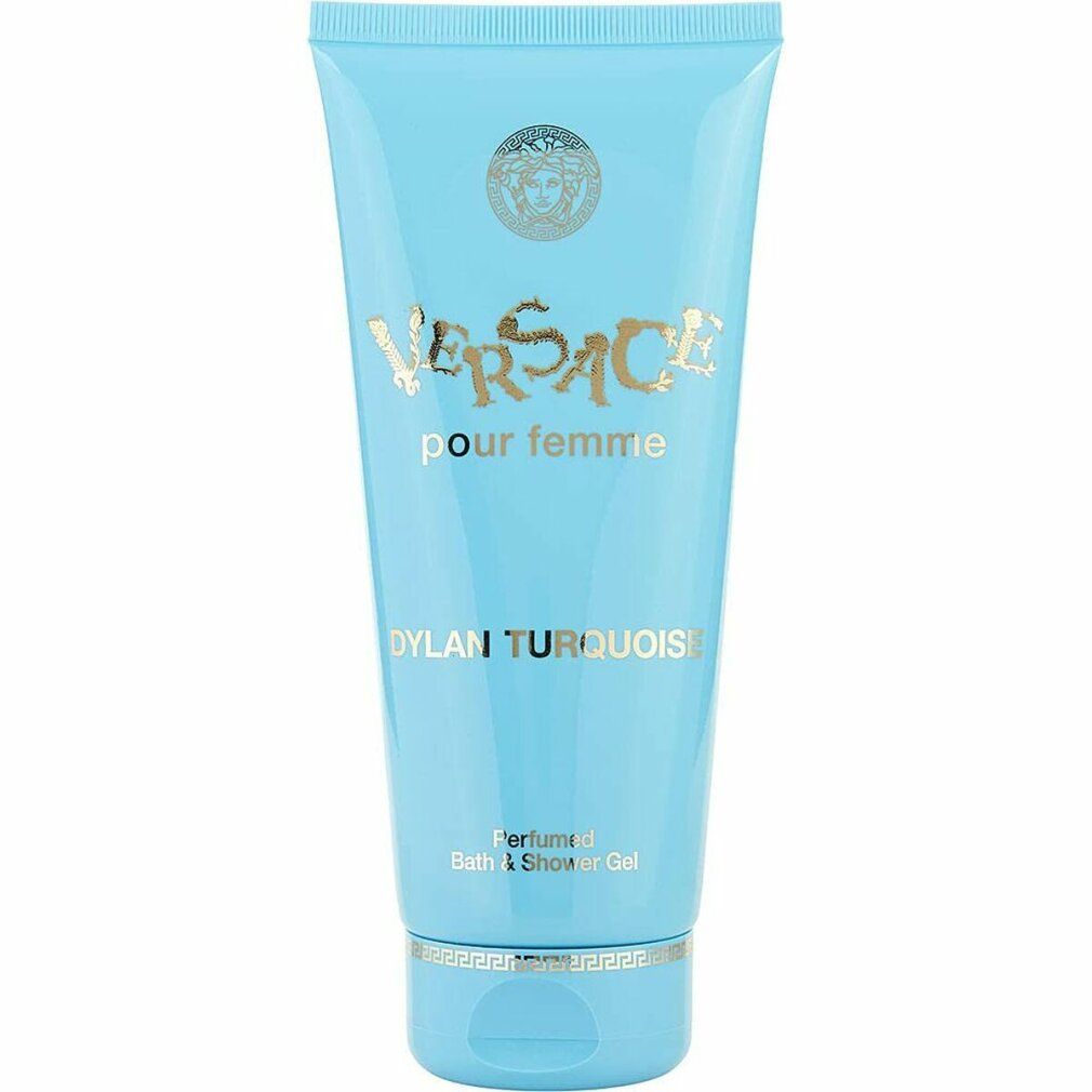Tube turquoise. Inscription: Versace pour femme, Dylan Turquoise. Gel douche. Écriture dorée.