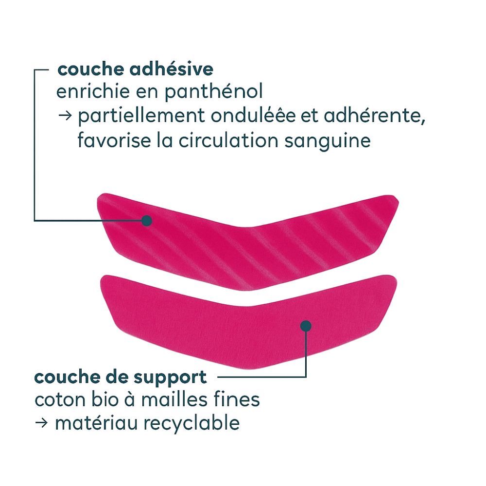 Deux patchs buccaux roses. Inscription : Couche adhésive avec panthénol. Support en coton bio.