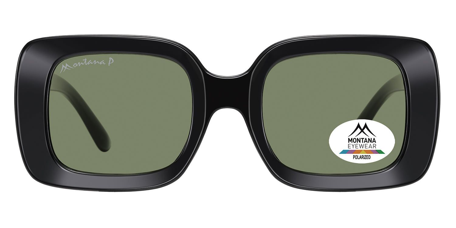 Lunettes de soleil noires à monture carrée. Logo Montana Eyewear et autocollant Polarized. Verres verts.