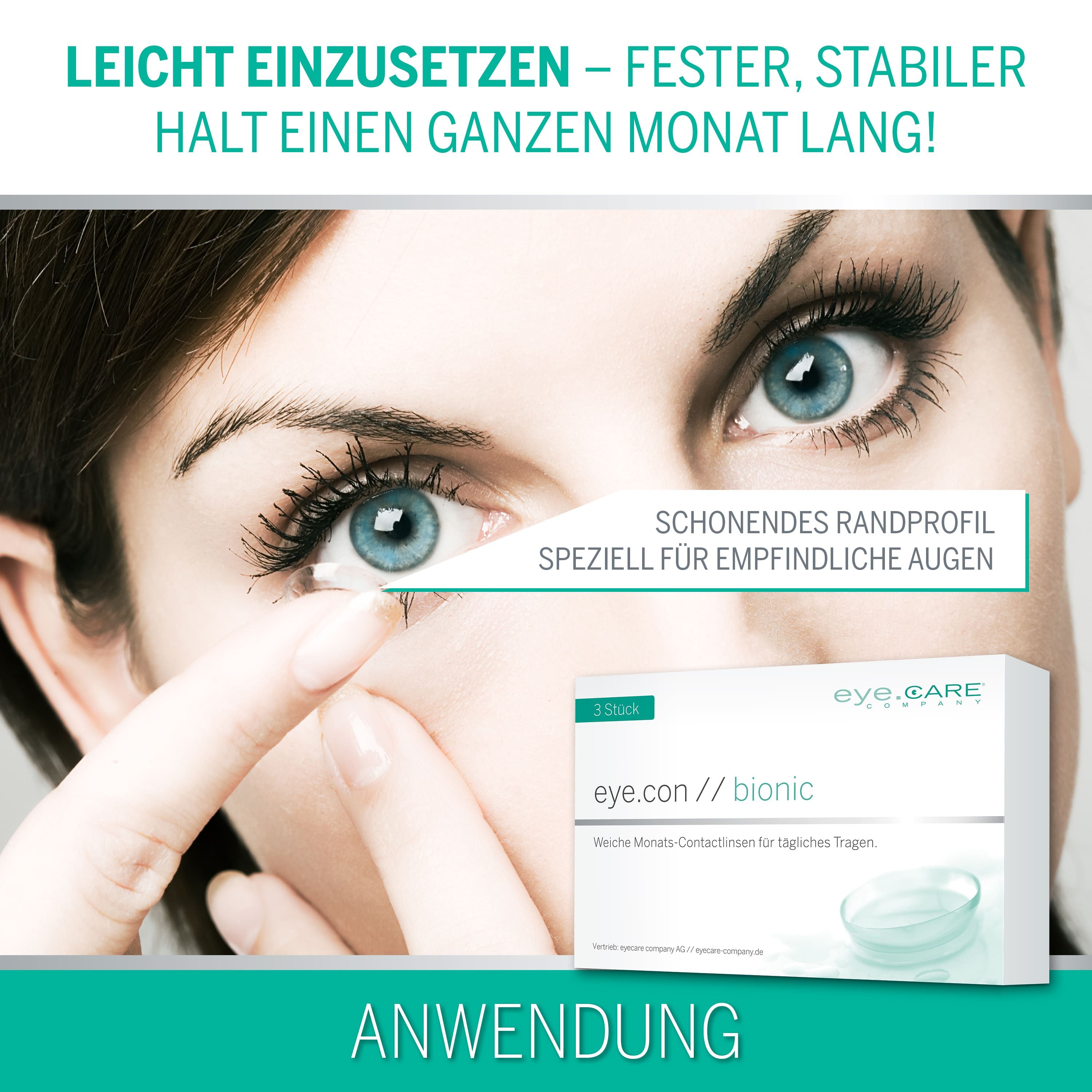 Vrouw die een eye.con // bionic maandlens inbrengt, zacht randprofiel.