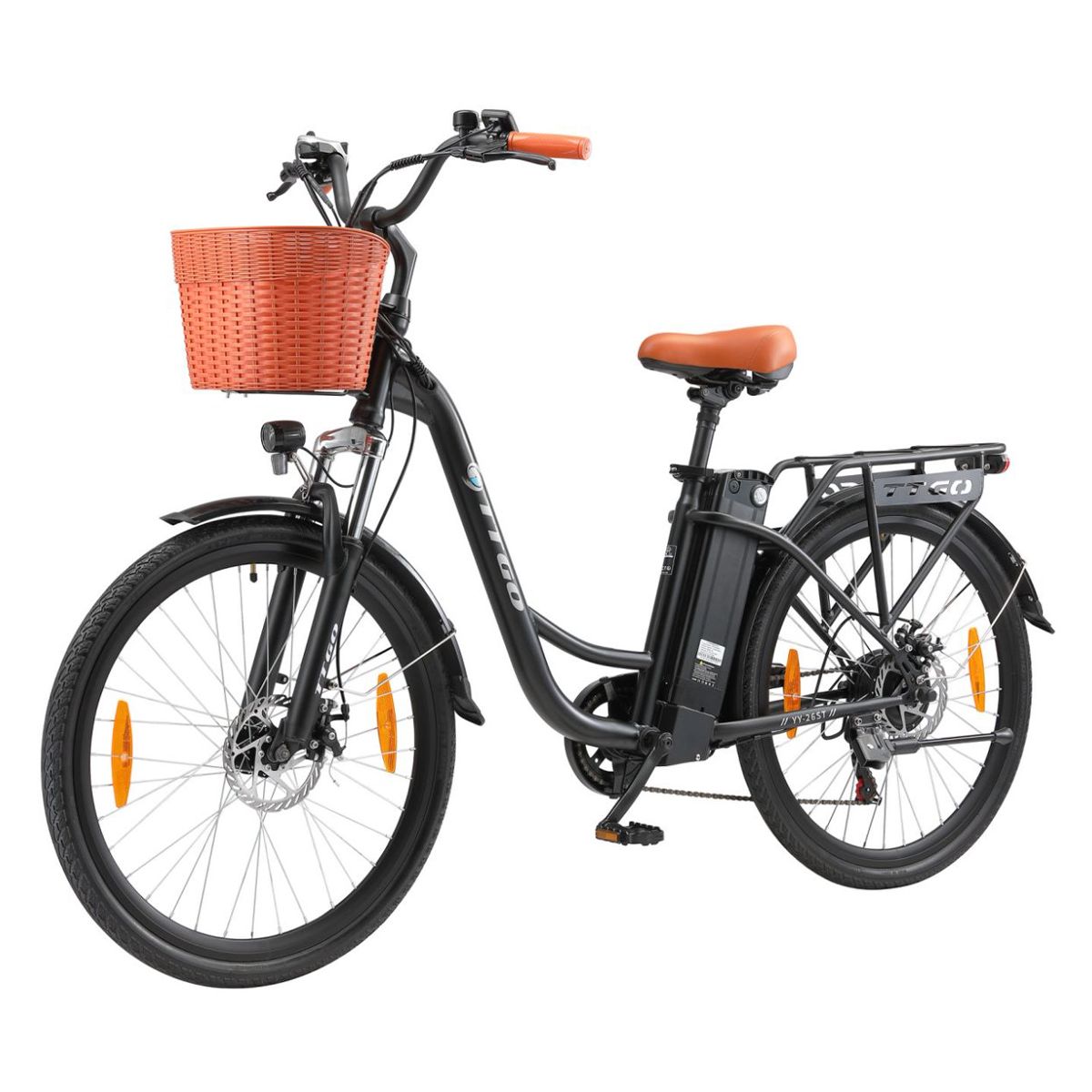 Vélo électrique noir avec panier, selle marron et poignées orange. Logo TTGO sur le cadre.