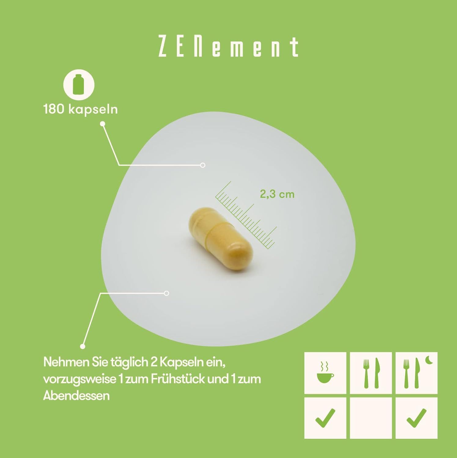 Gélule jaune sur fond blanc. Échelle de 2,3 cm. Texte : 180 gélules. Instructions : 2 gélules par jour, 1 au petit-déjeuner, 1 au dîner.
