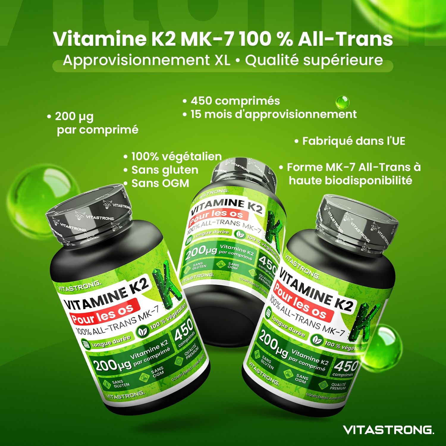 Drie flessen vitamine K2. 450 tabletten, 200µg per tablet. Vegan, glutenvrij, non-GMO. EU productie.