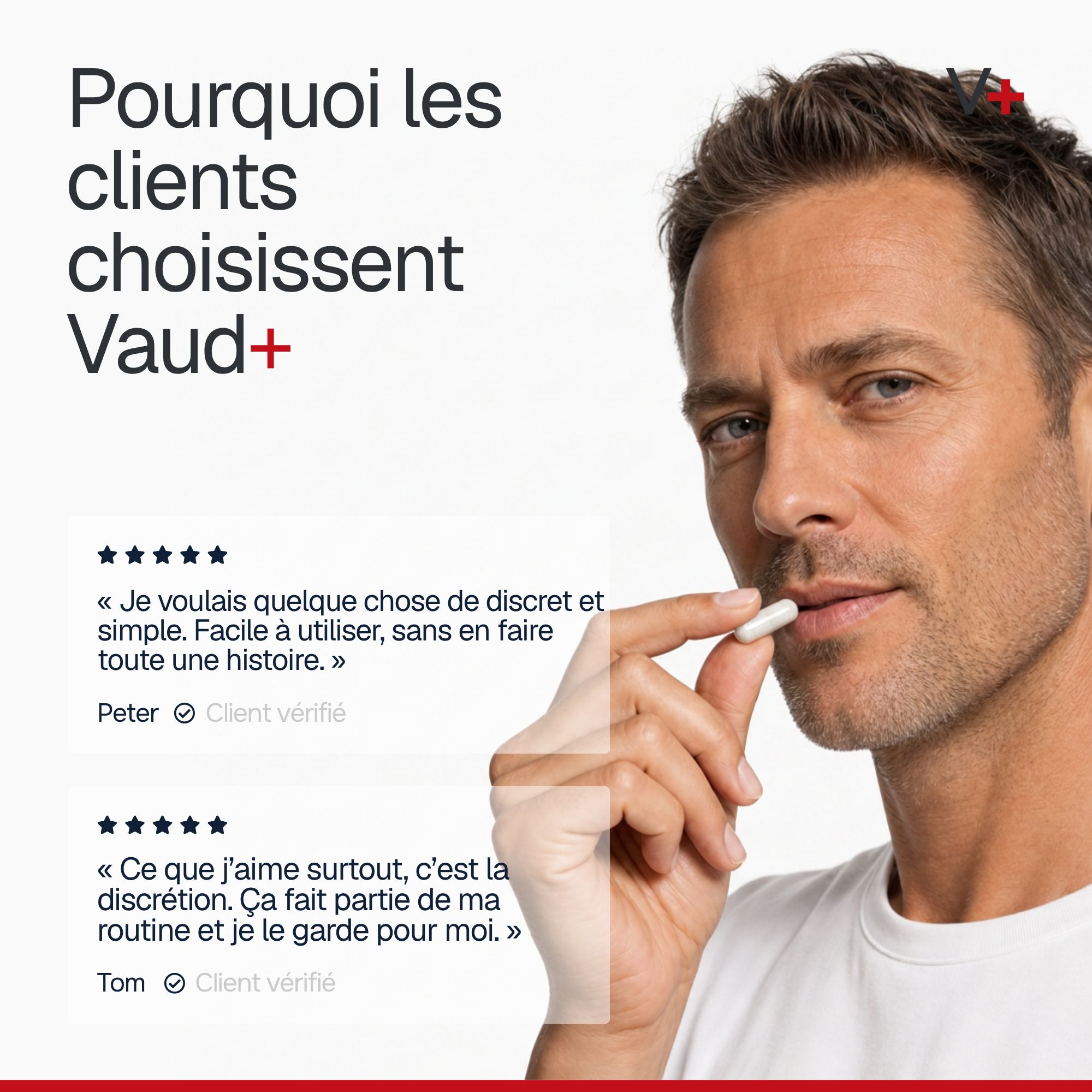 Une bouteille blanche 'Vaud+ Male Support+' avec des accents rouges. Texte sur la certification GMP et l'origine suisse.