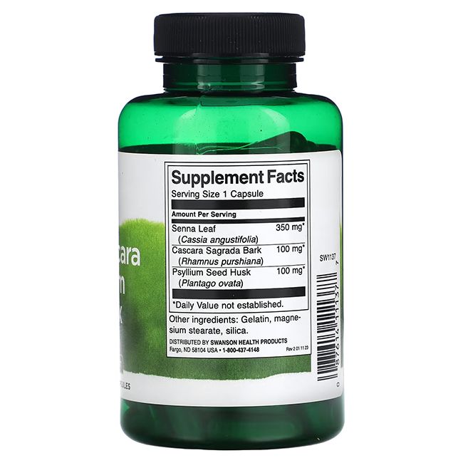 Dos du flacon vert. Inscription: Supplement Facts. Ingrédients: Senna Leaf, Cascara Sagrada Bark, Psyllium Seed Husk.